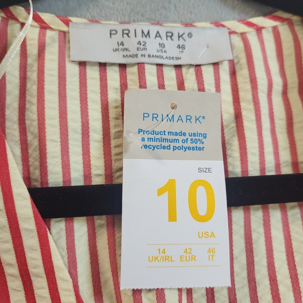 Primark Women Red Cream Striped V-Neck Puff Sleeve Maxi Dress Size 10 NEW - Picture 2 of 12